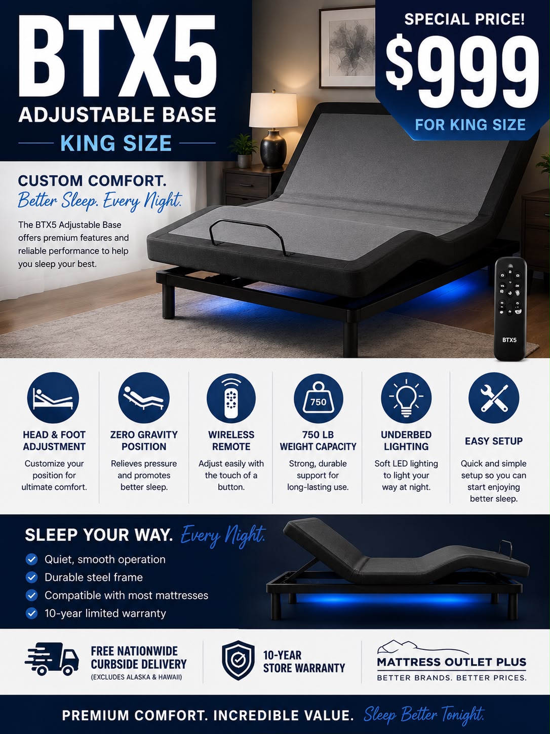 Aireloom Topanga Canyon Luxetop M2 King Mattress + BTX5 Adjustable Base – $4,299